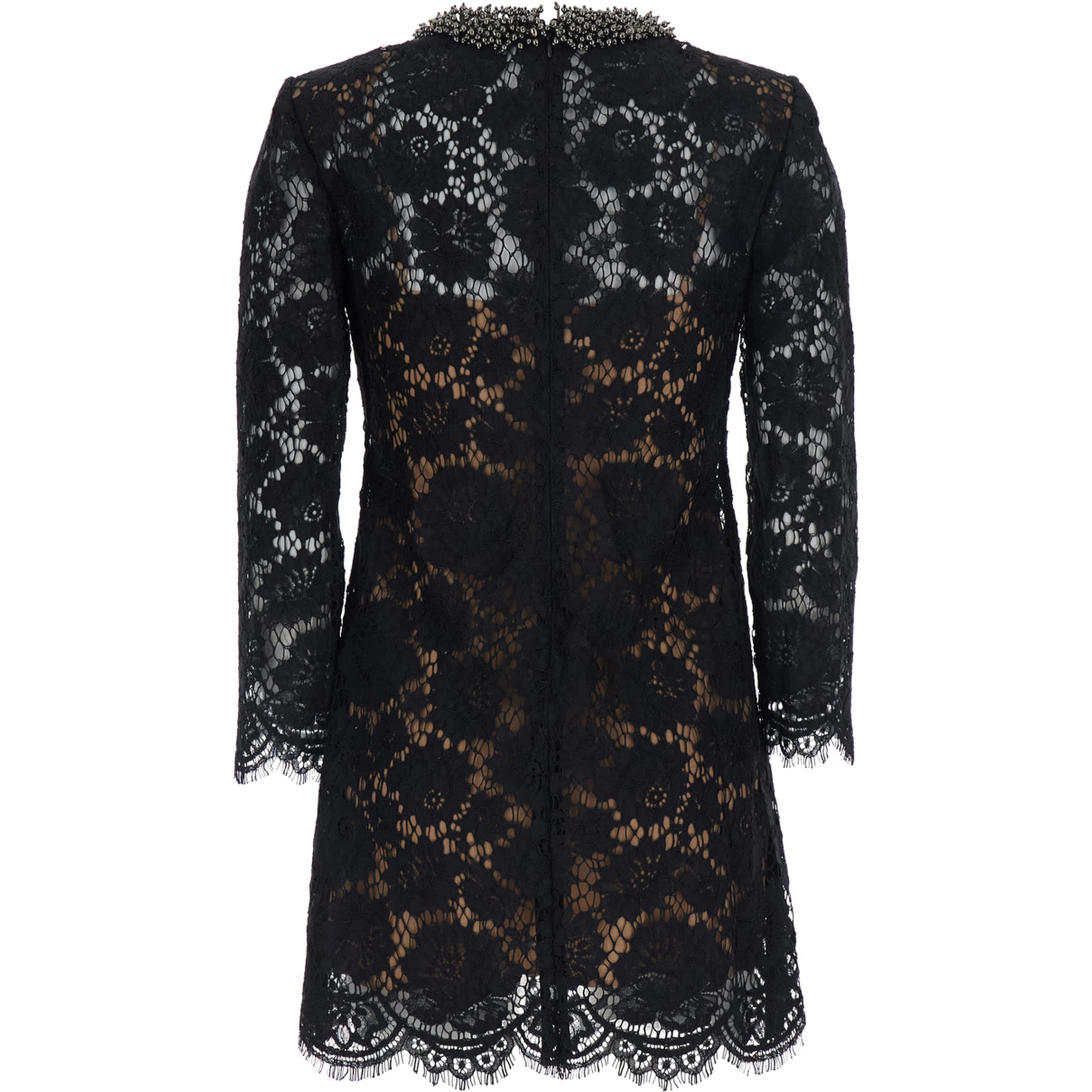 Black Mini Dress with Beaded Collar and All-Over Lace Embroidery in Tech Fabric for Women