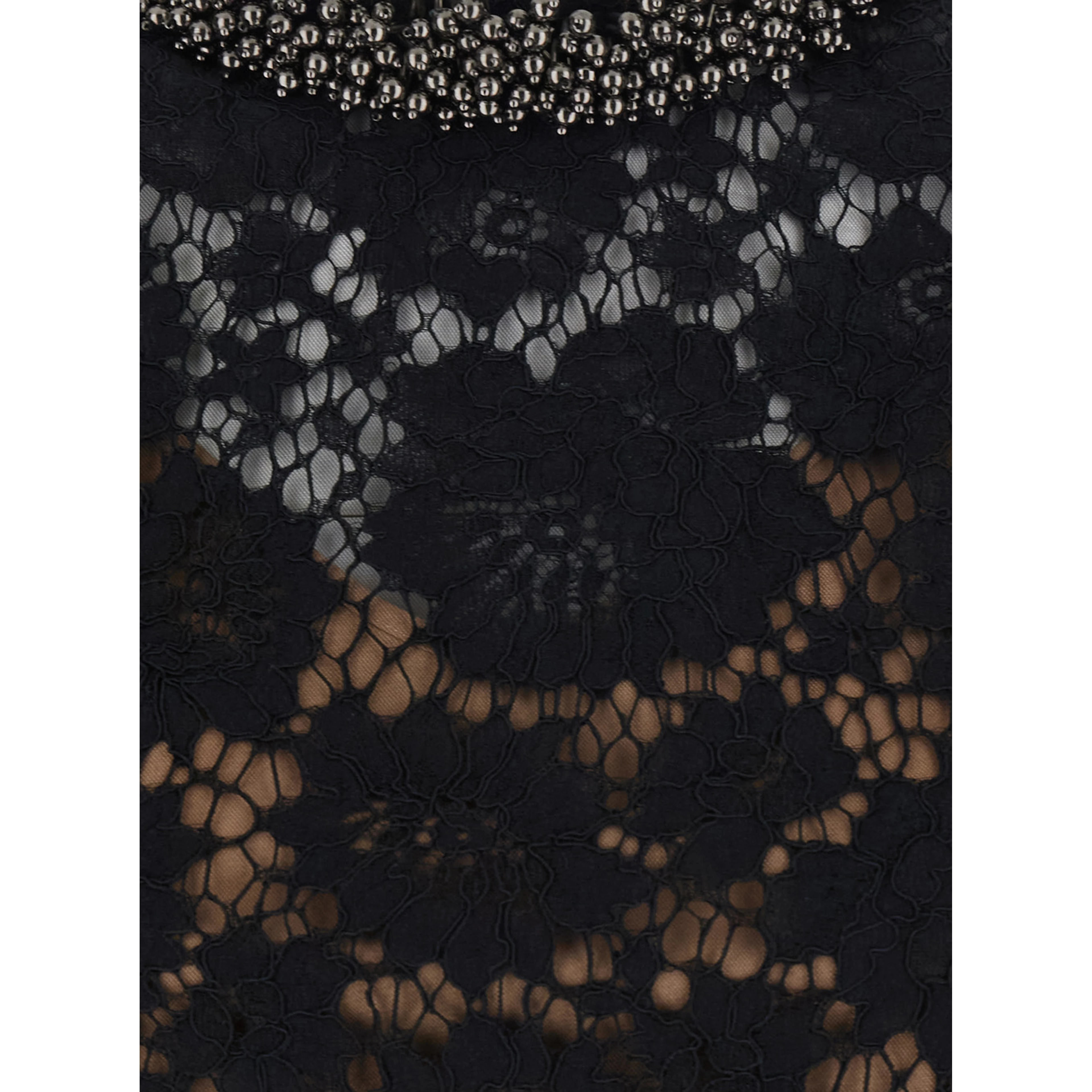 Black Mini Dress with Beaded Collar and All-Over Lace Embroidery in Tech Fabric for Women