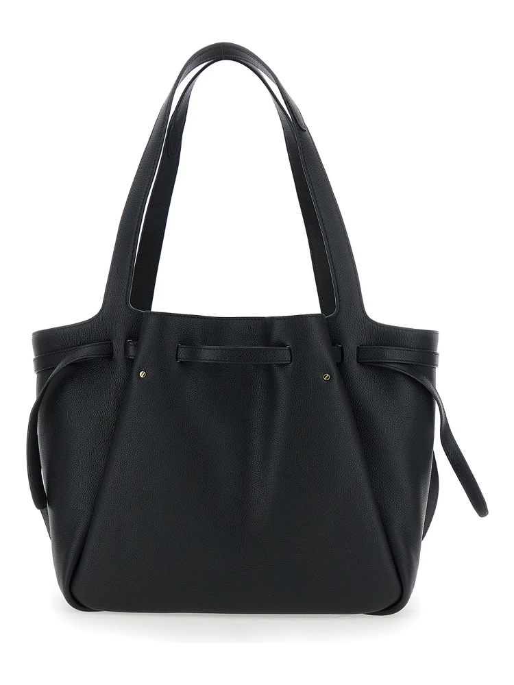 Romy Black Tote bag with adjustable drawstring closure and logo detail in grained leather for women
