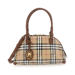 Primrose Beige Handbag with EKD Leather Tag and Adjustable and Removable Strap in Check Canvas for Women