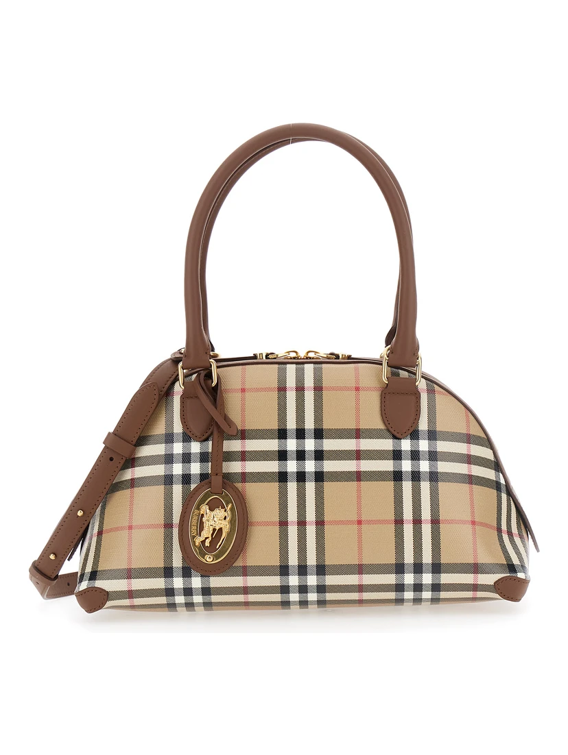 Primrose Beige Handbag with EKD Leather Tag and Adjustable and Removable Strap in Check Canvas for Women