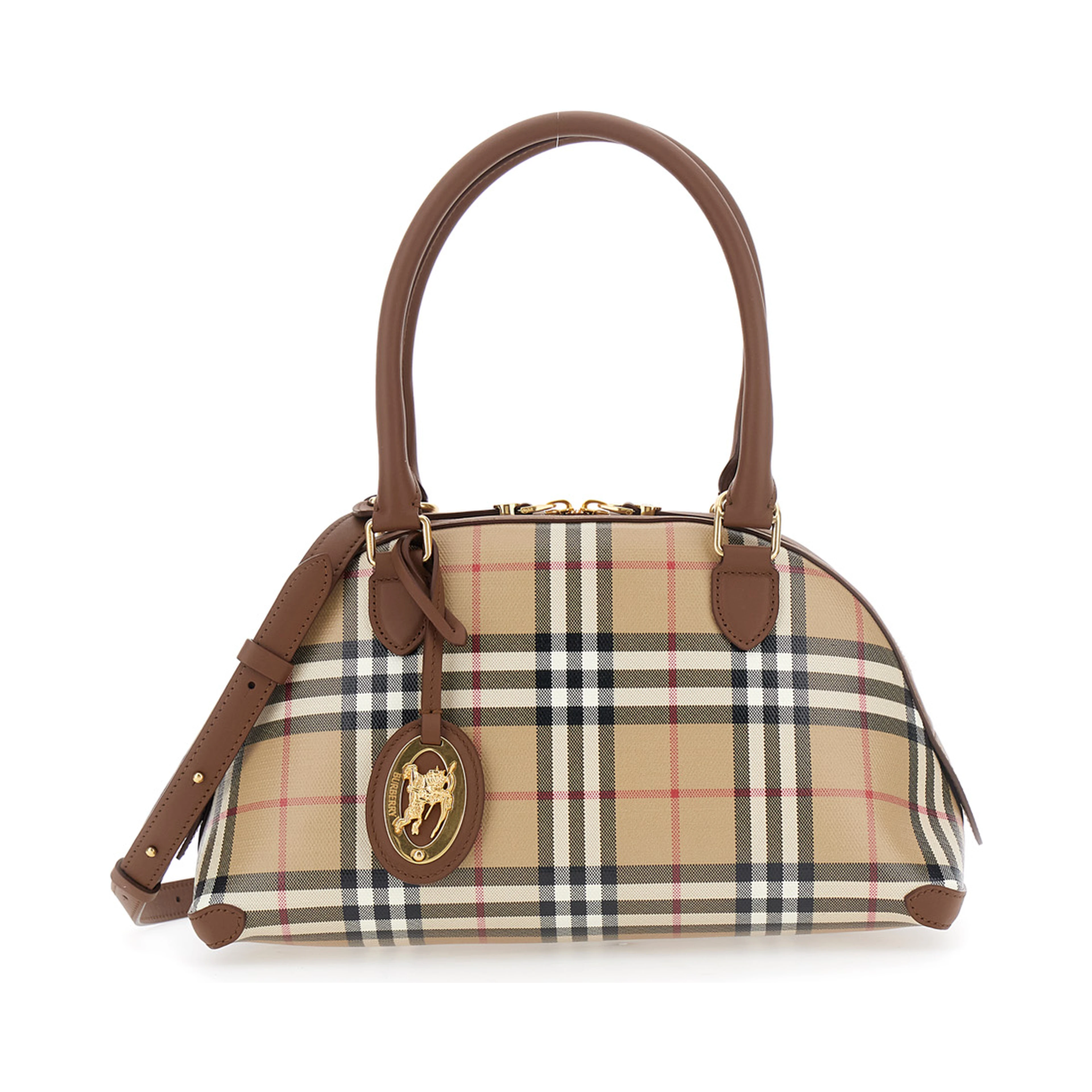 Primrose Beige Handbag with EKD Leather Tag and Adjustable and Removable Strap in Check Canvas for Women