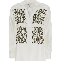 Filtro White Shirt with classic collar and all-over logo print in silk for women