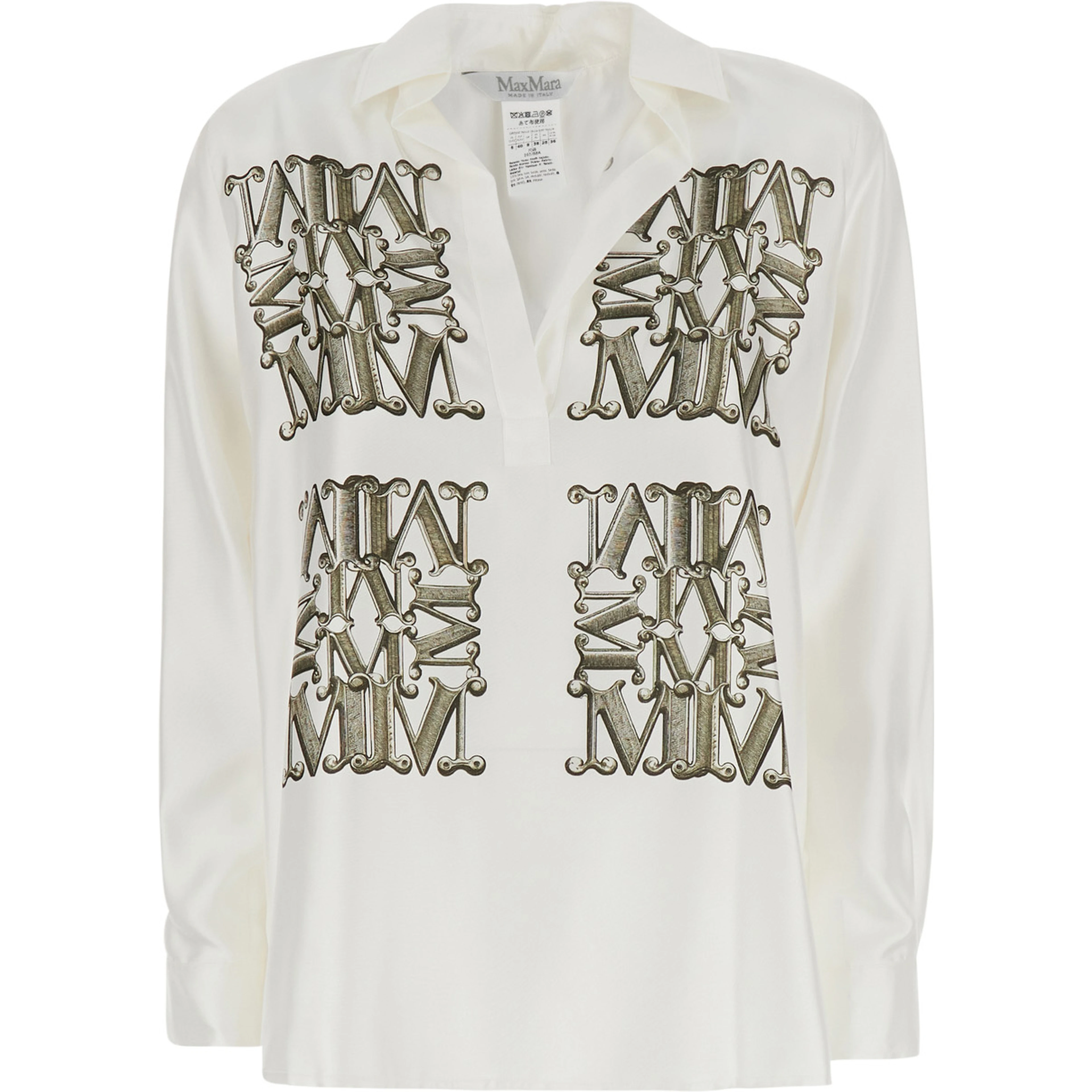 Filtro White Shirt with classic collar and all-over logo print in silk for women