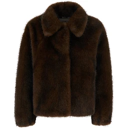 Brown shearling coat with wide collar and long sleeves in ecofur for women