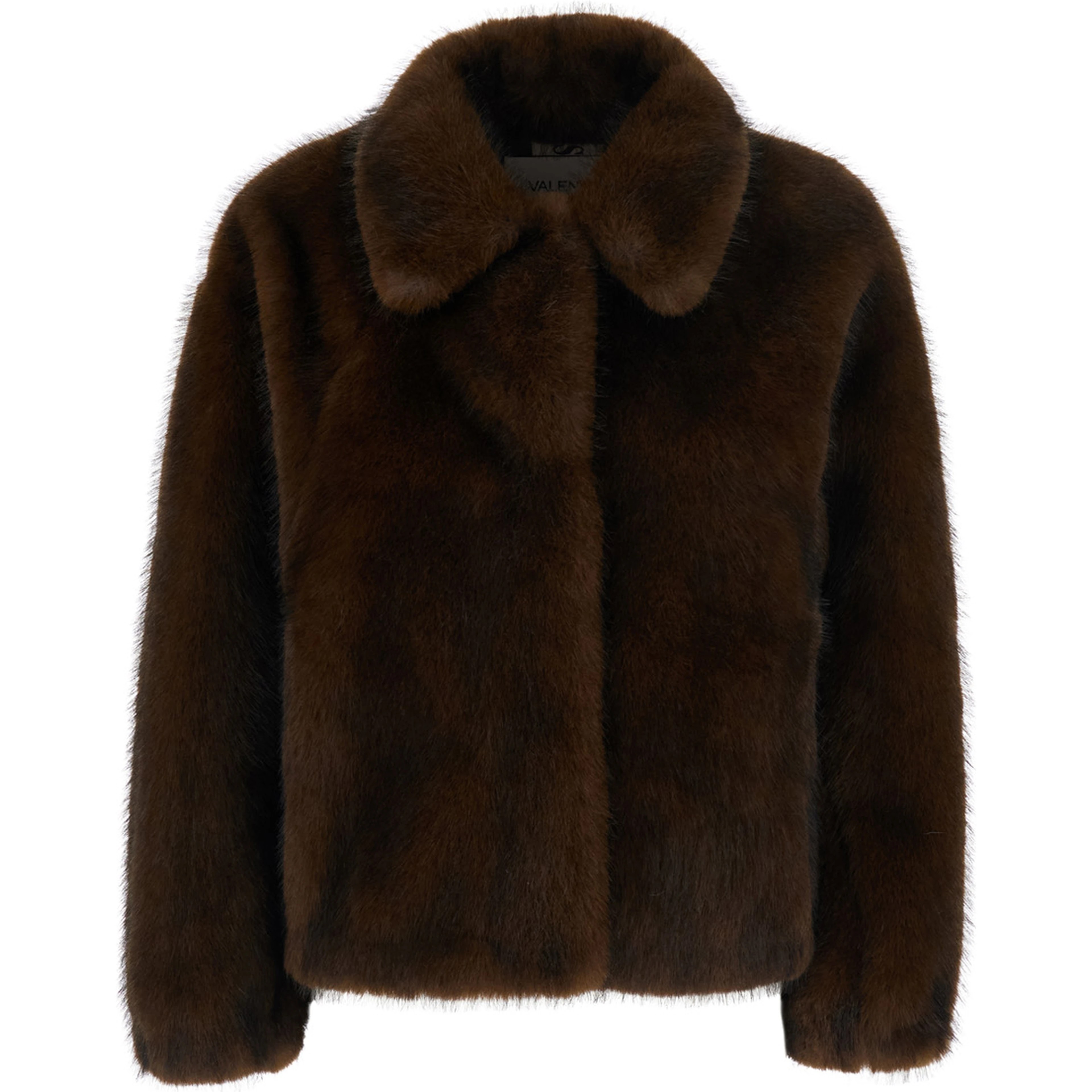 Brown shearling coat with wide collar and long sleeves in ecofur for women