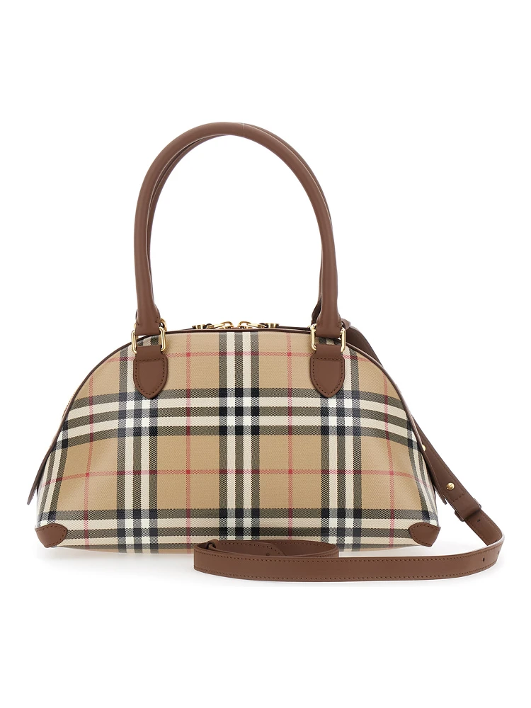 Primrose Beige Handbag with EKD Leather Tag and Adjustable and Removable Strap in Check Canvas for Women alternative