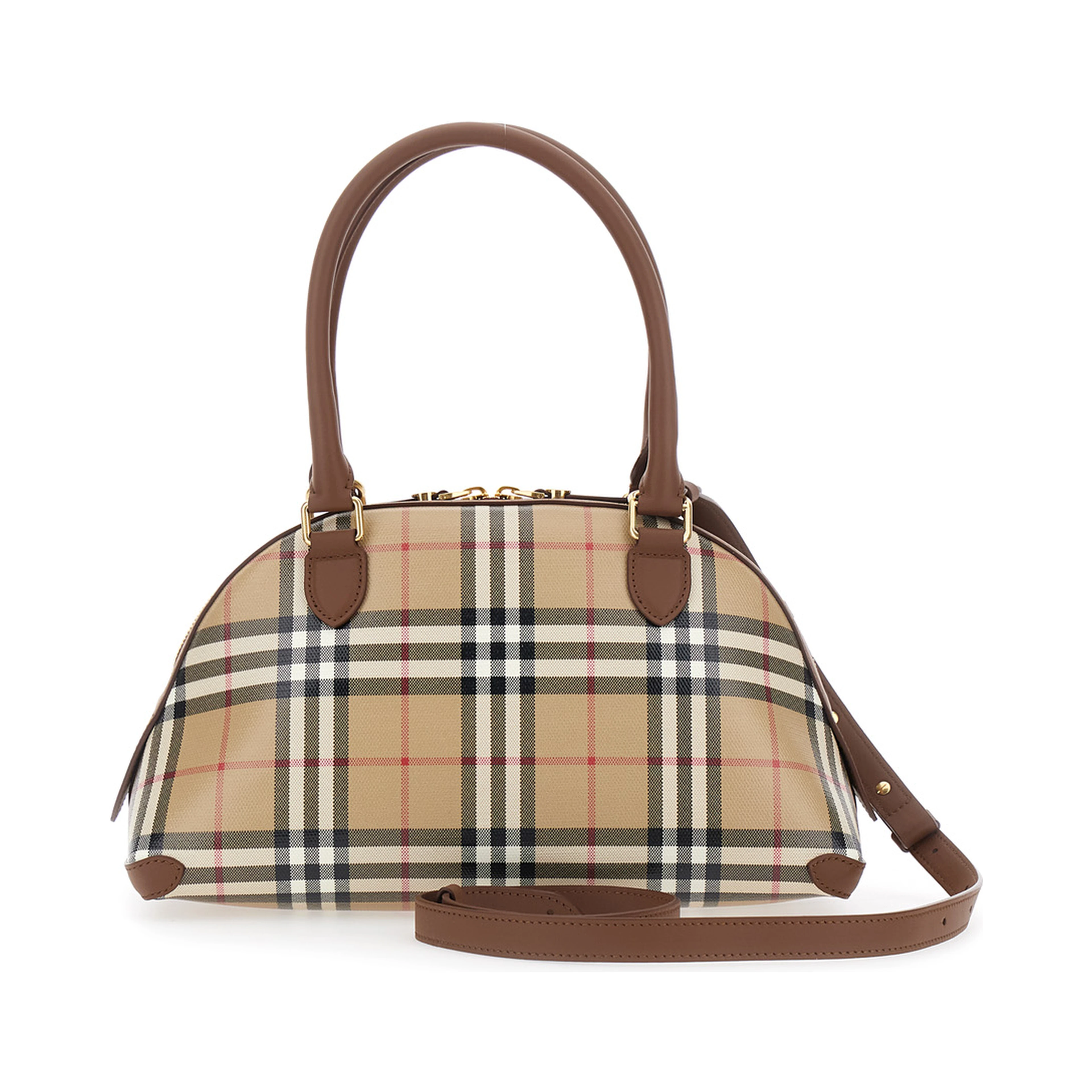 Primrose Beige Handbag with EKD Leather Tag and Adjustable and Removable Strap in Check Canvas for Women
