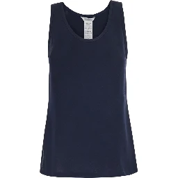 Pavido Blue Sleeveless Top with Round Neck and Tone-on-Tone Logo Embroidery on the Front in Silk for Women