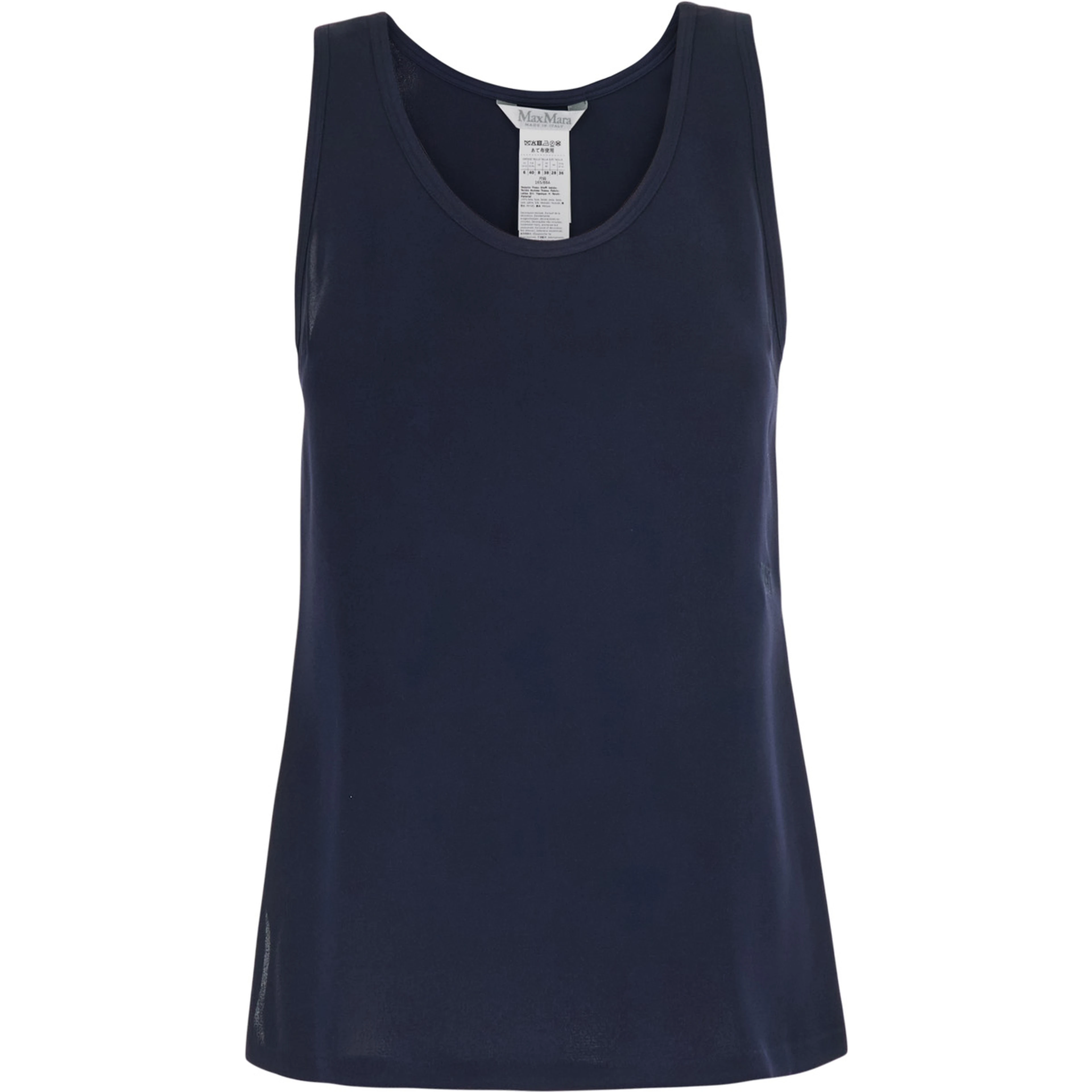 Pavido Blue Sleeveless Top with Round Neck and Tone-on-Tone Logo Embroidery on the Front in Silk for Women