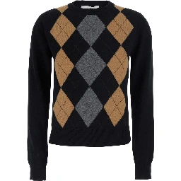 Black Sweater with Round Neck and Argyle Motif on the Front in Wool for Women