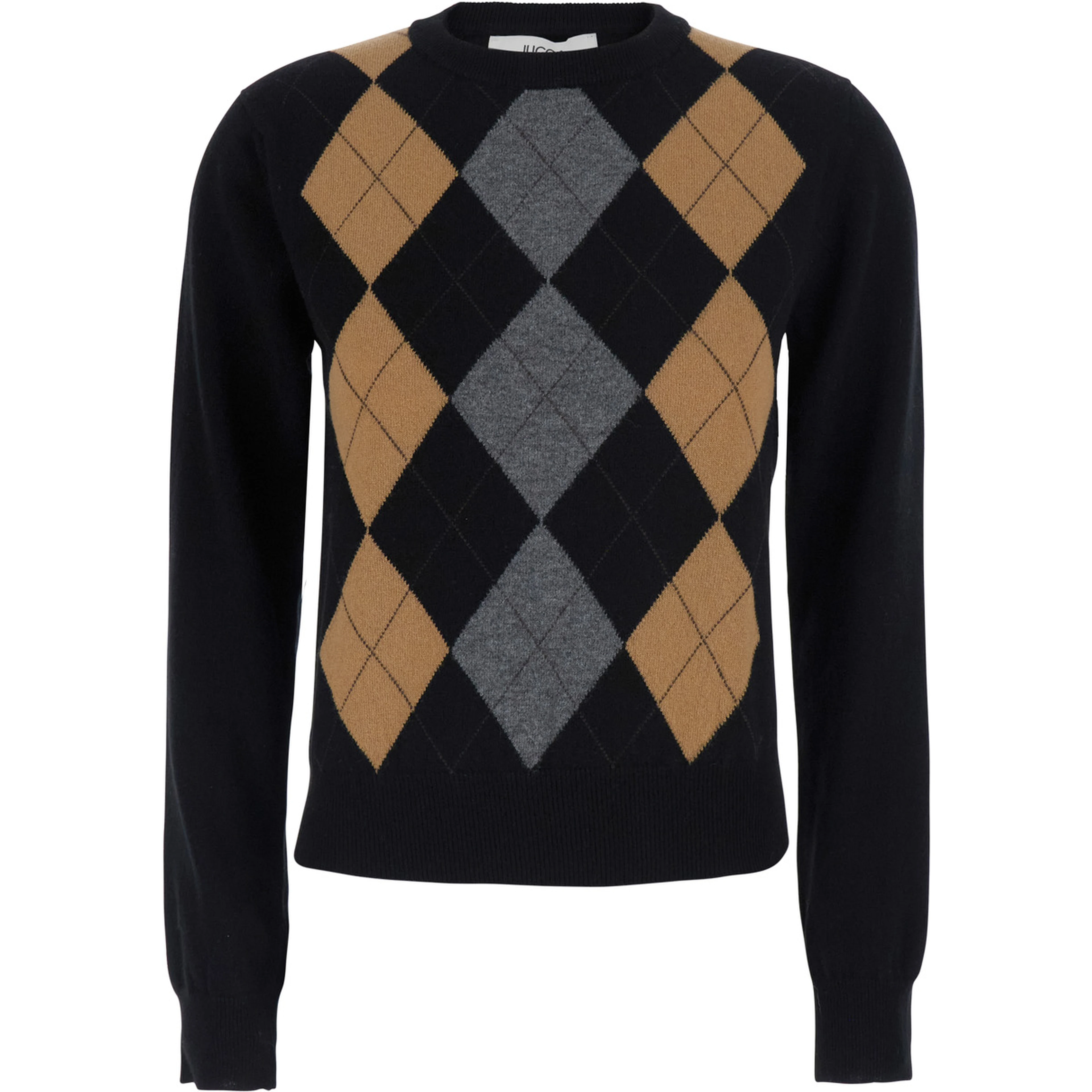 Black Sweater with Round Neck and Argyle Motif on the Front in Wool for Women