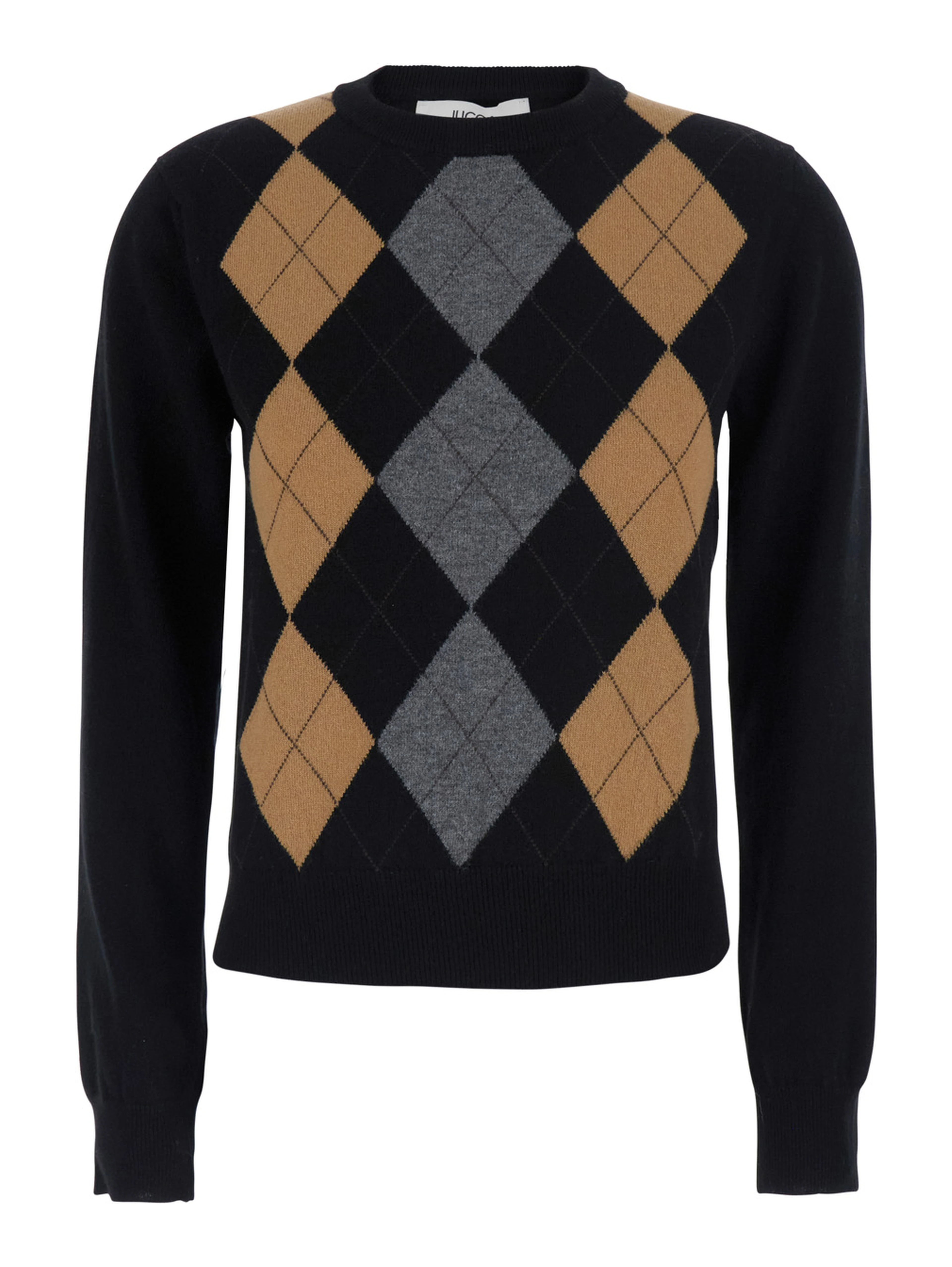 Black Sweater with Round Neck and Argyle Motif on the Front in Wool for Women