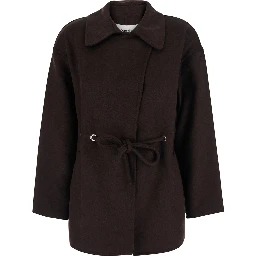 Kam Brown coat with classic collar and front belt in fabric for women