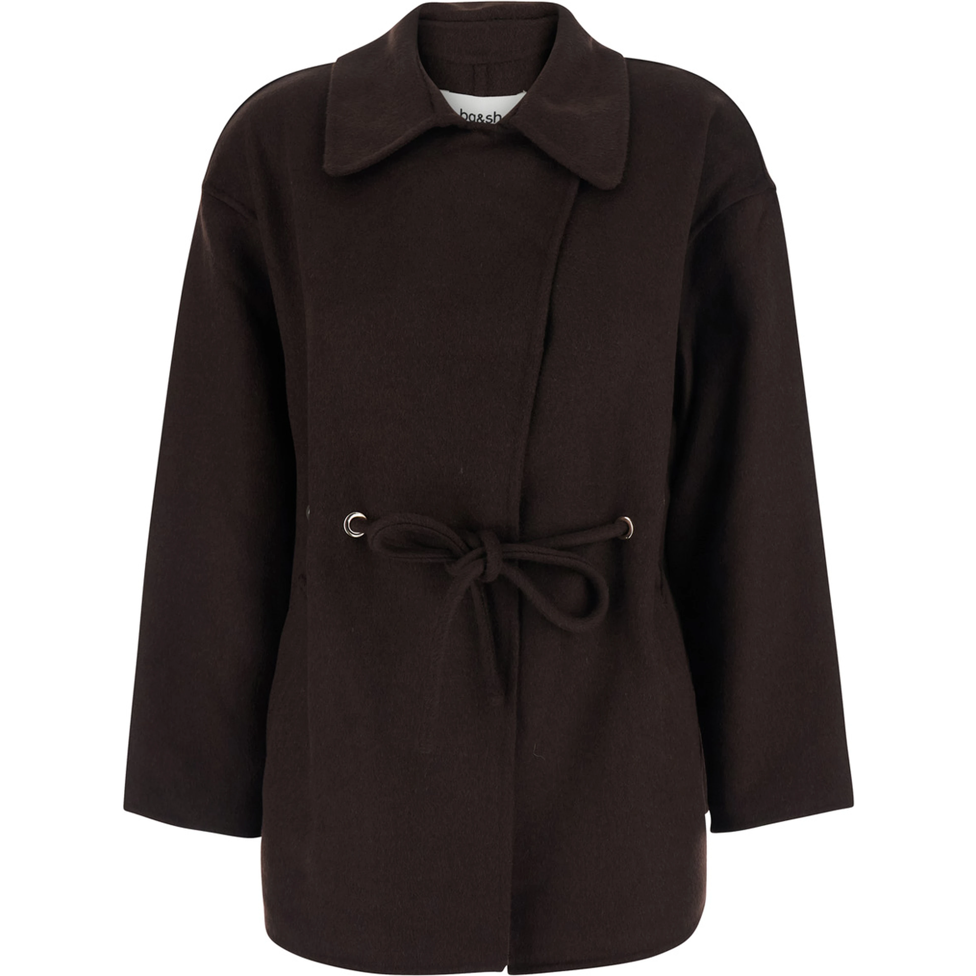 Kam Brown coat with classic collar and front belt in fabric for women