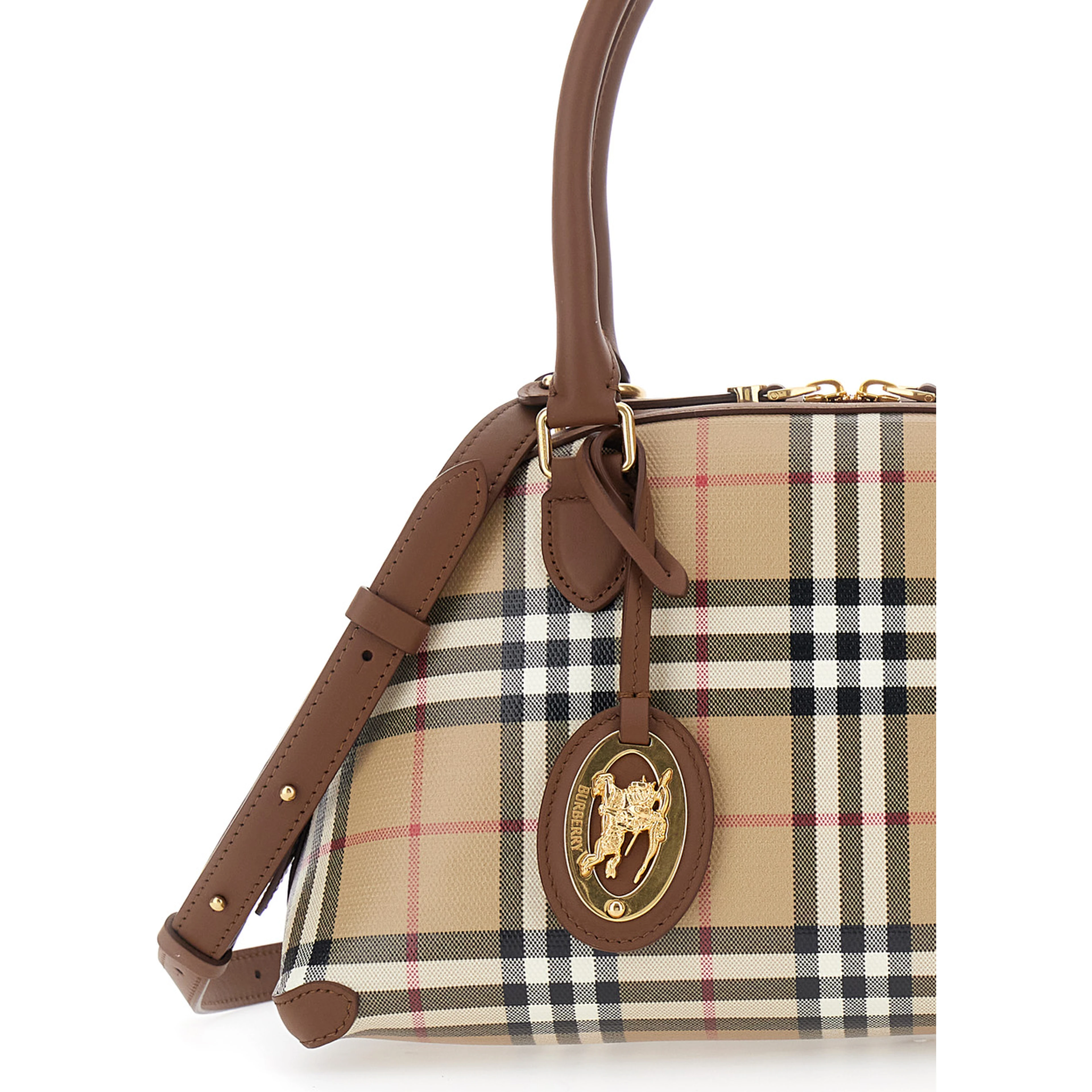 Primrose Beige Handbag with EKD Leather Tag and Adjustable and Removable Strap in Check Canvas for Women