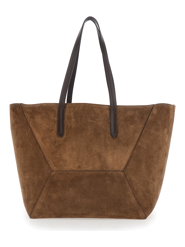 Duo Brown tote bag with Panelled Design and Two Top Handles in Suede for Women