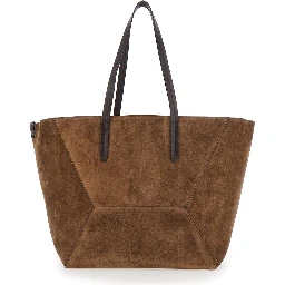 Duo Brown  tote bag with Panelled Design and Two Top Handles in Suede for Women