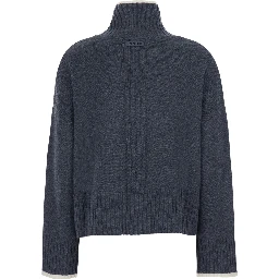 Grey Sweater with High Neck and Logo Patch on the Back in Wool and Cashmere for Women