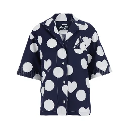 La Chemise Marin Blue Bowling Shirt with Cuban Collar and All-Over Polka Dot Pattern in Cotton for Women