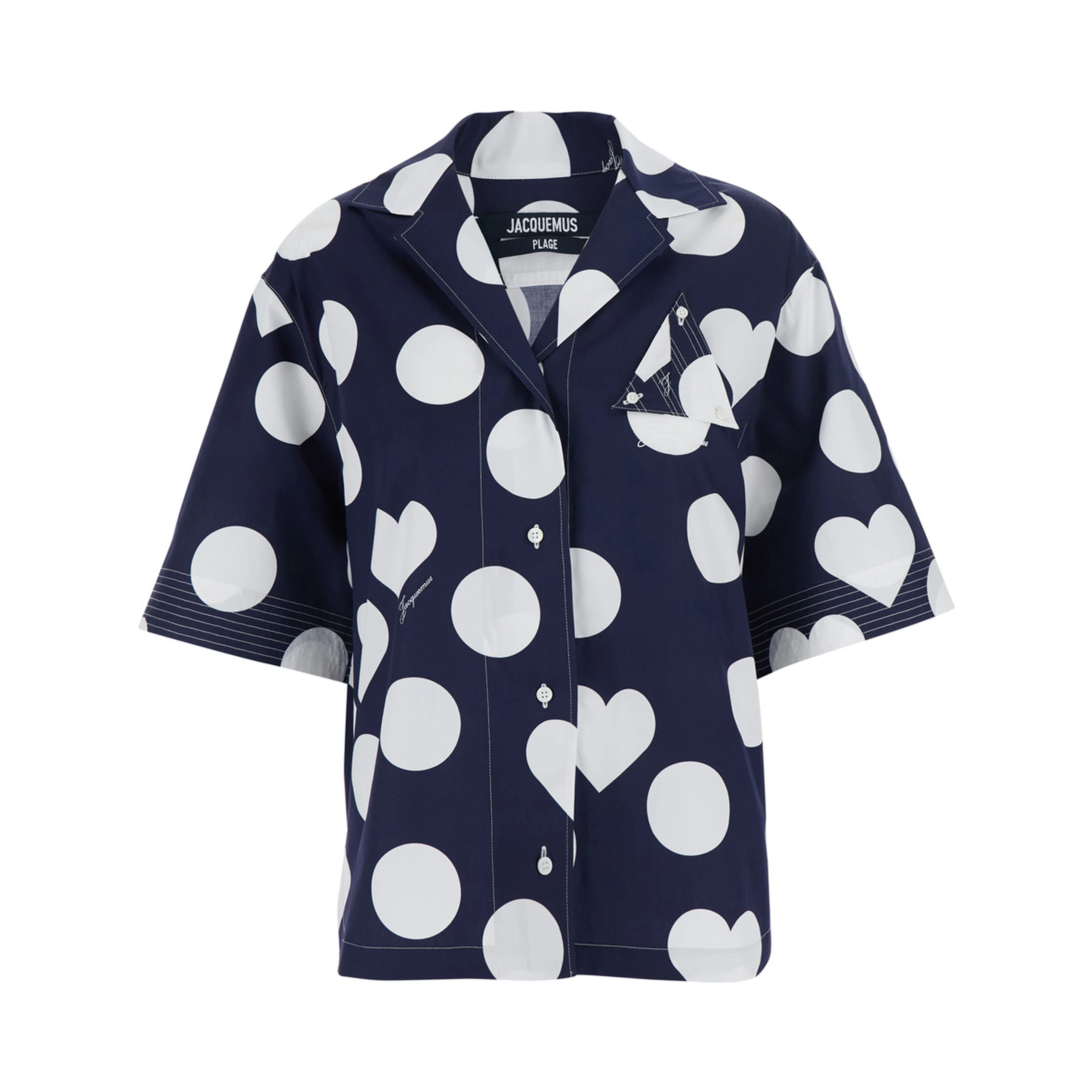 La Chemise Marin Blue Bowling Shirt with Cuban Collar and All-Over Polka Dot Pattern in Cotton for Women