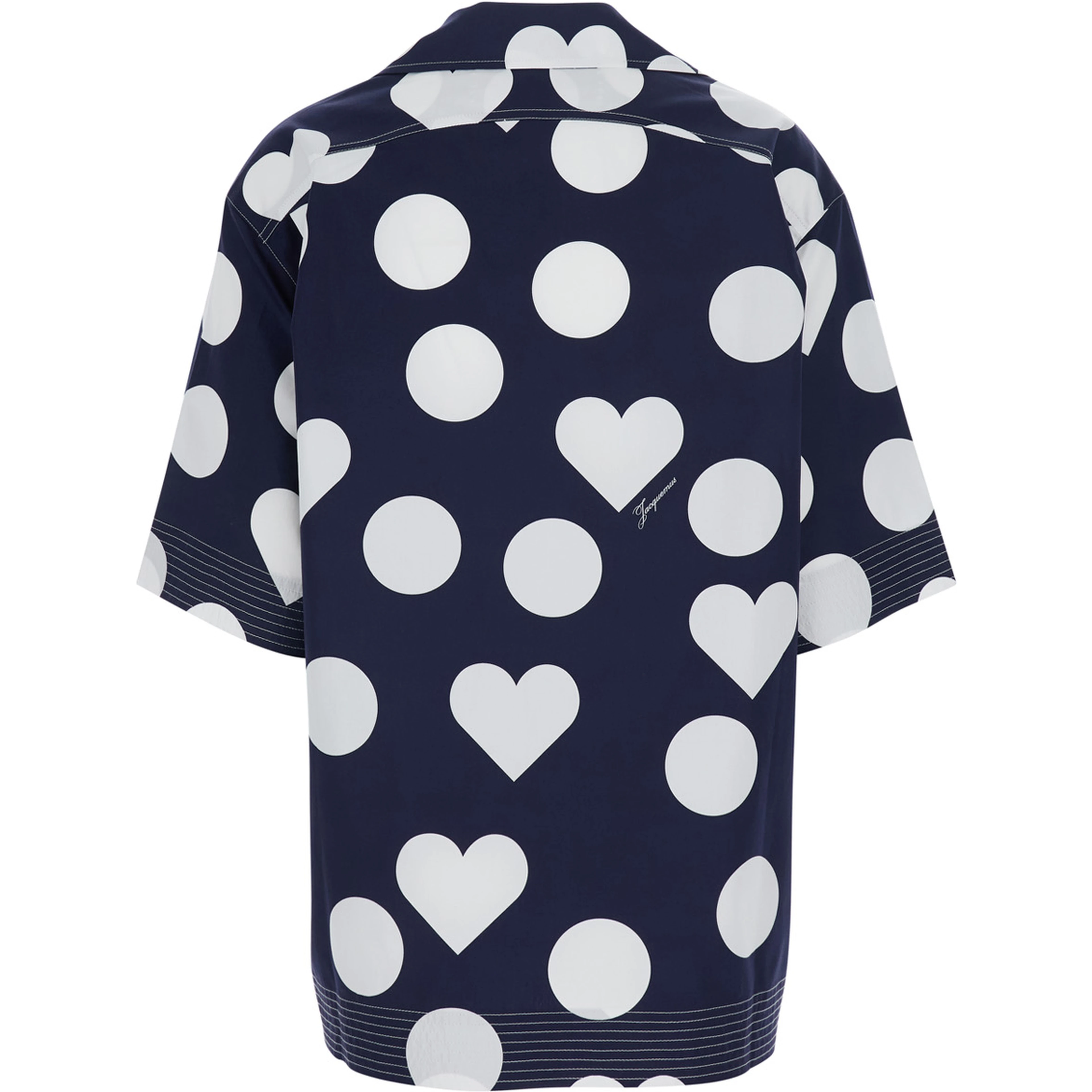 La Chemise Marin Blue Bowling Shirt with Cuban Collar and All-Over Polka Dot Pattern in Cotton for Women