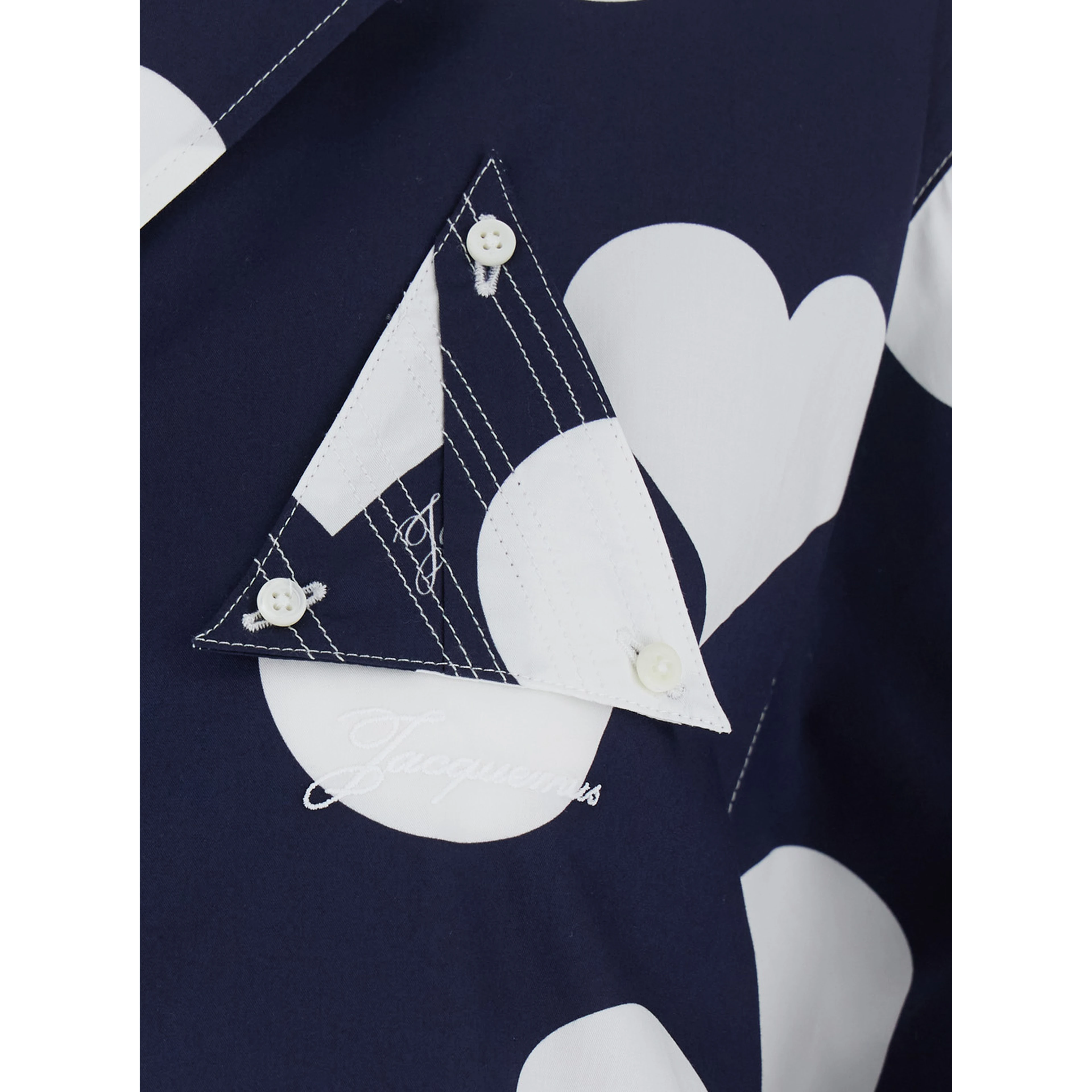 La Chemise Marin Blue Bowling Shirt with Cuban Collar and All-Over Polka Dot Pattern in Cotton for Women