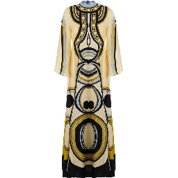 Multicolored long dress with bow closure at the back and all-over geometric print in tech fabric  for women
