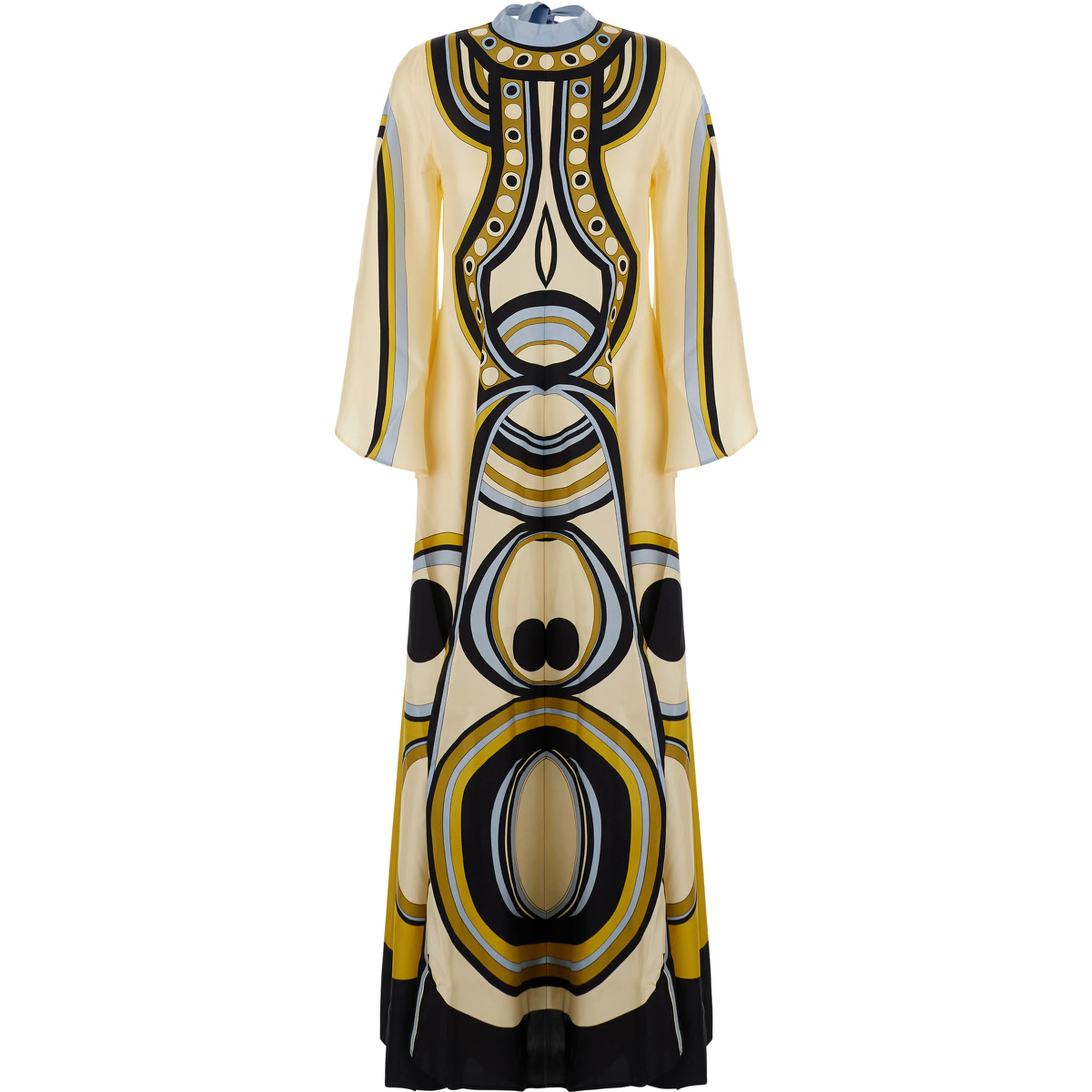 Multicolored long dress with bow closure at the back and all-over geometric print in tech fabric  for women