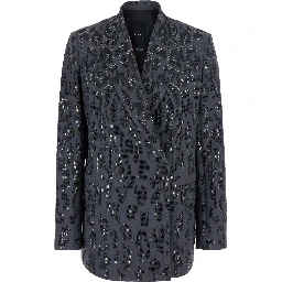 Gray Double-Breasted Jacket with Jaguar Embellishment with Rhinestones and Peak Revers in Stretch Tech Fabric for Women