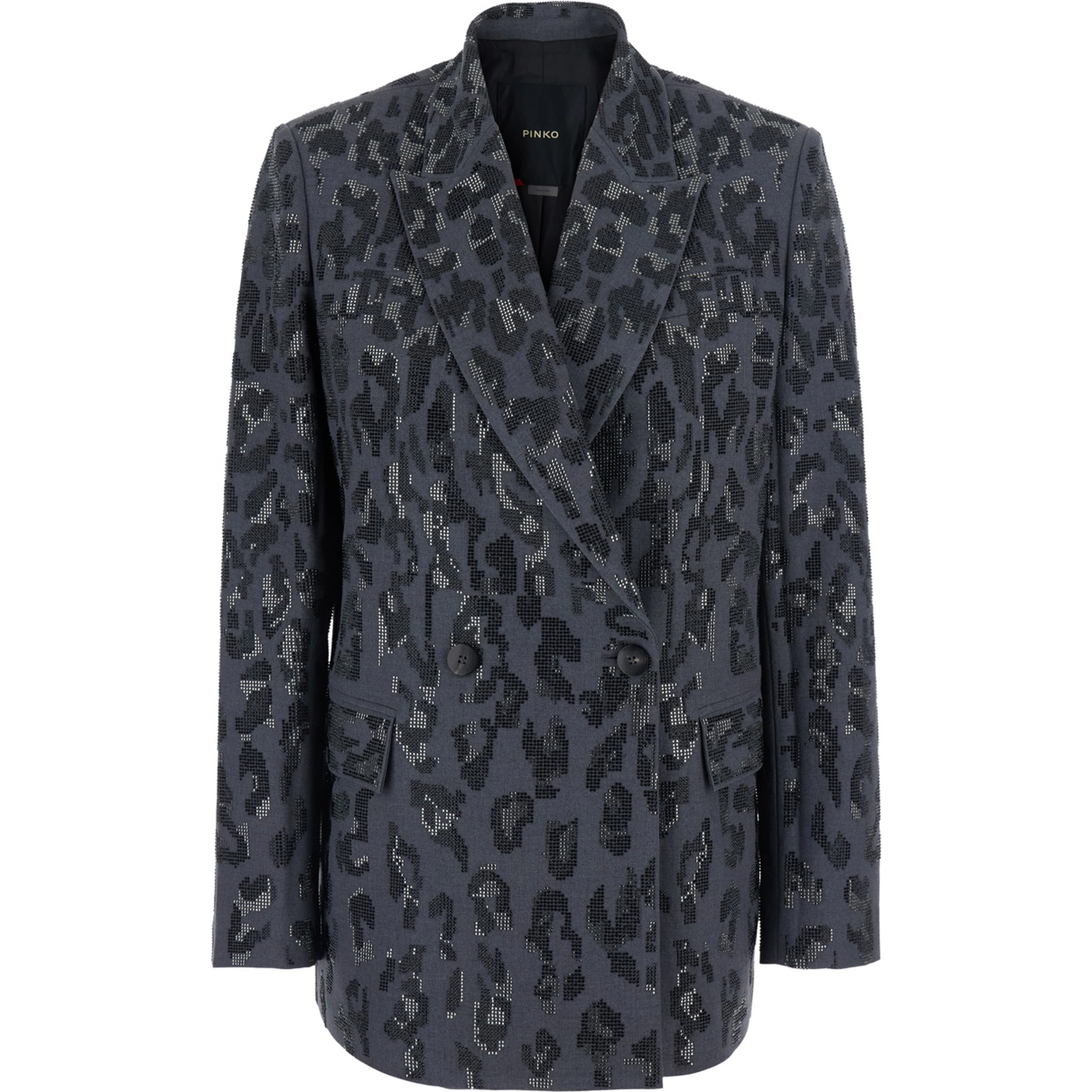 Gray Double-Breasted Jacket with Jaguar Embellishment with Rhinestones and Peak Revers in Stretch Tech Fabric for Women