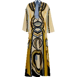 Multicolored long dress with bow closure at the back and all-over geometric print in tech fabric  for women