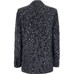 Gray Double-Breasted Jacket with Jaguar Embellishment with Rhinestones and Peak Revers in Stretch Tech Fabric for Women