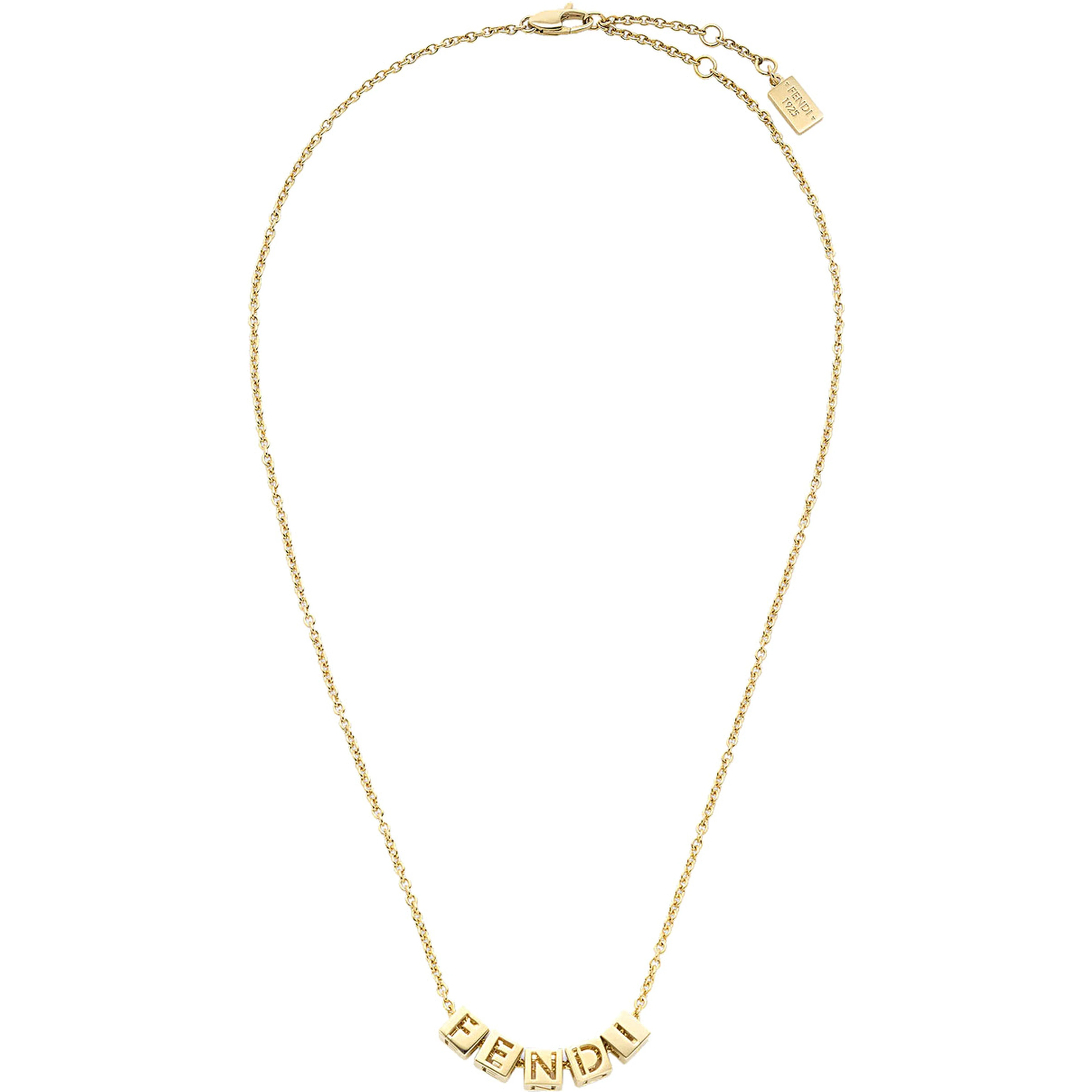 Gold-colored Necklace with lobster clasp at the back and cubes with Logo lettering in  metal for women