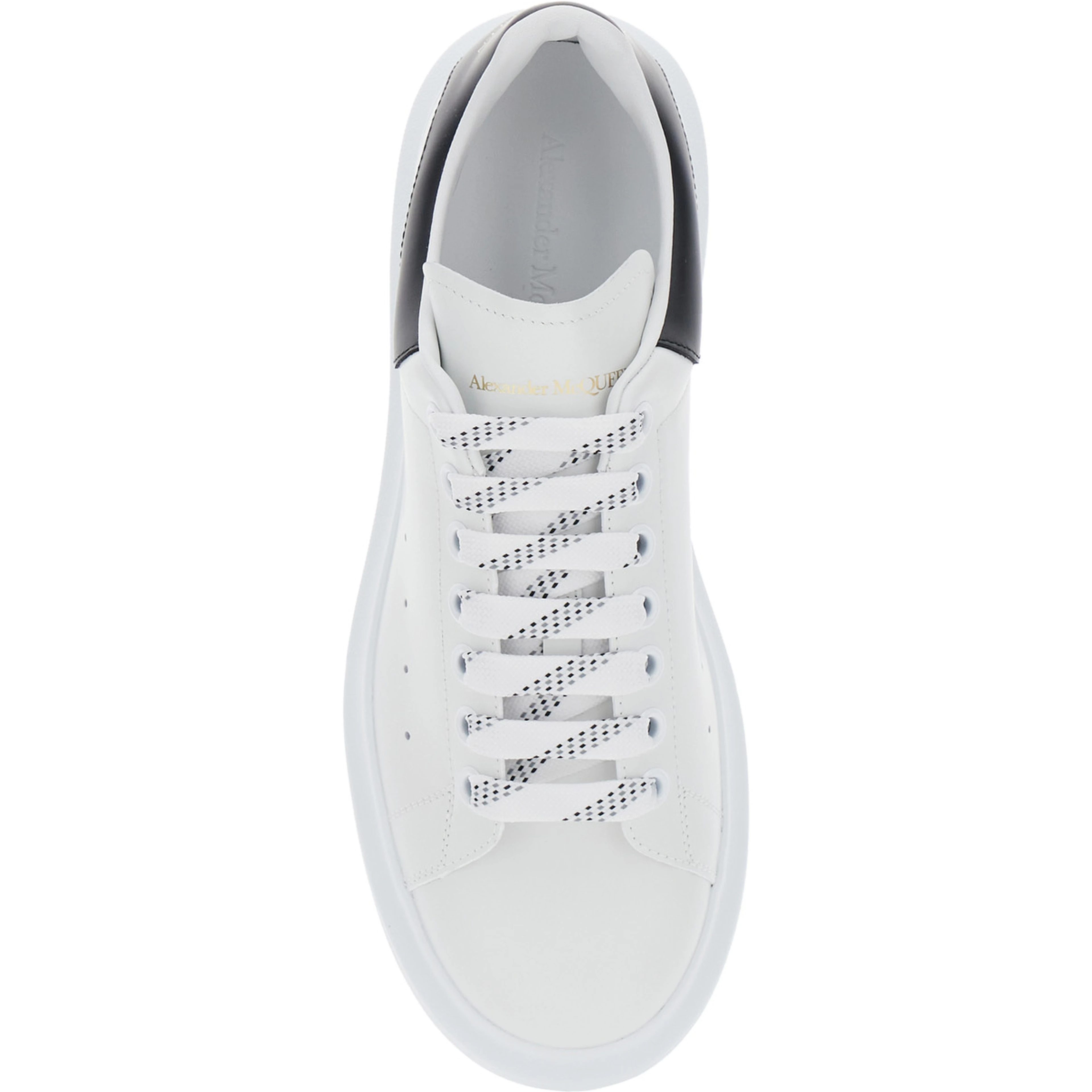 Low Top Sneaker Alexander McQueen with logo lettering on tongue and contrasting heel in white and black leather for men