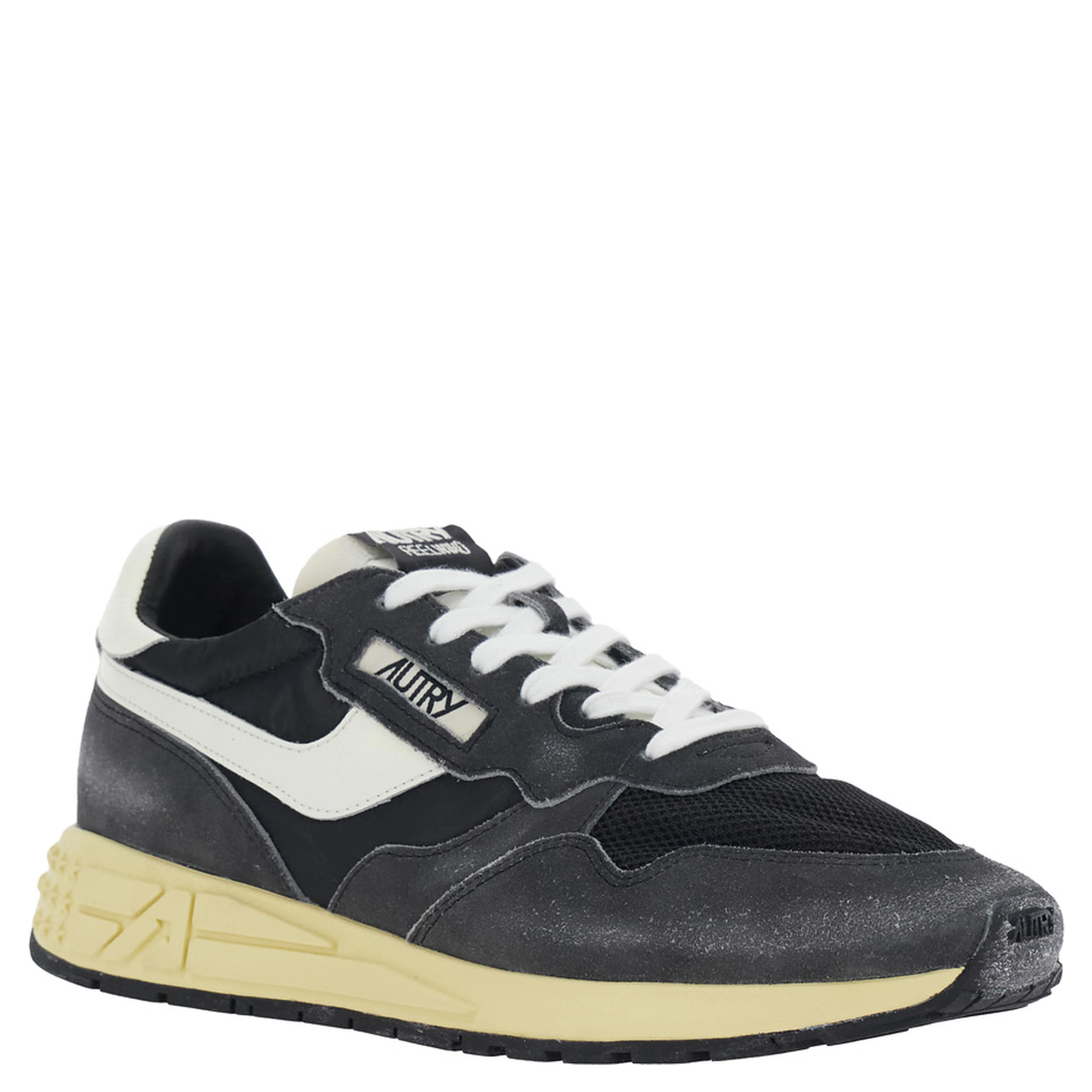 Reelwind Black Low Top Sneakers with Logo Patch on the Tongue and Faded Design in Leather and Fabric for Men