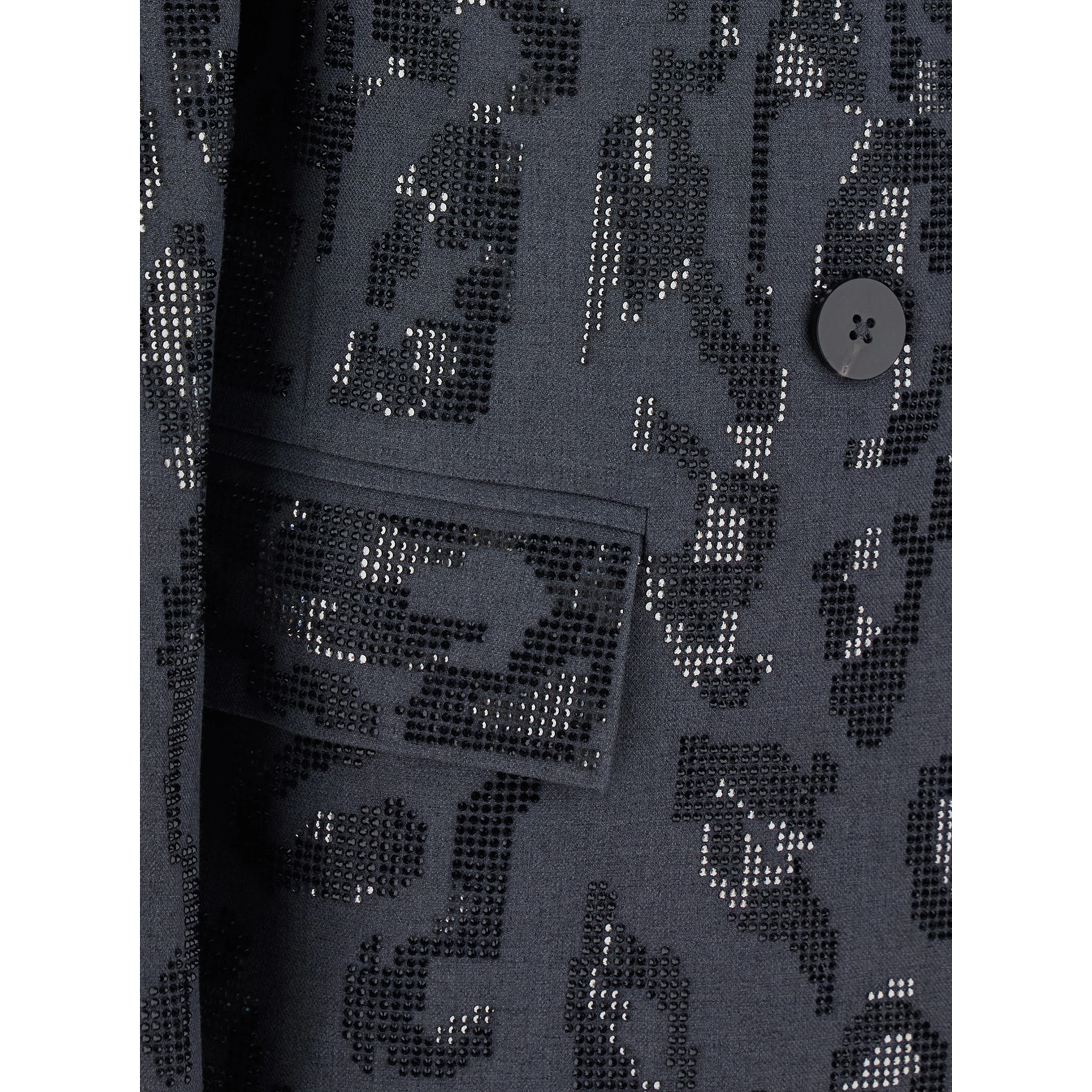 Gray Double-Breasted Jacket with Jaguar Embellishment with Rhinestones and Peak Revers in Stretch Tech Fabric for Women