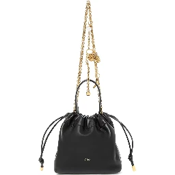Black handbag with chain shoulder strap and logo charm in leather for women