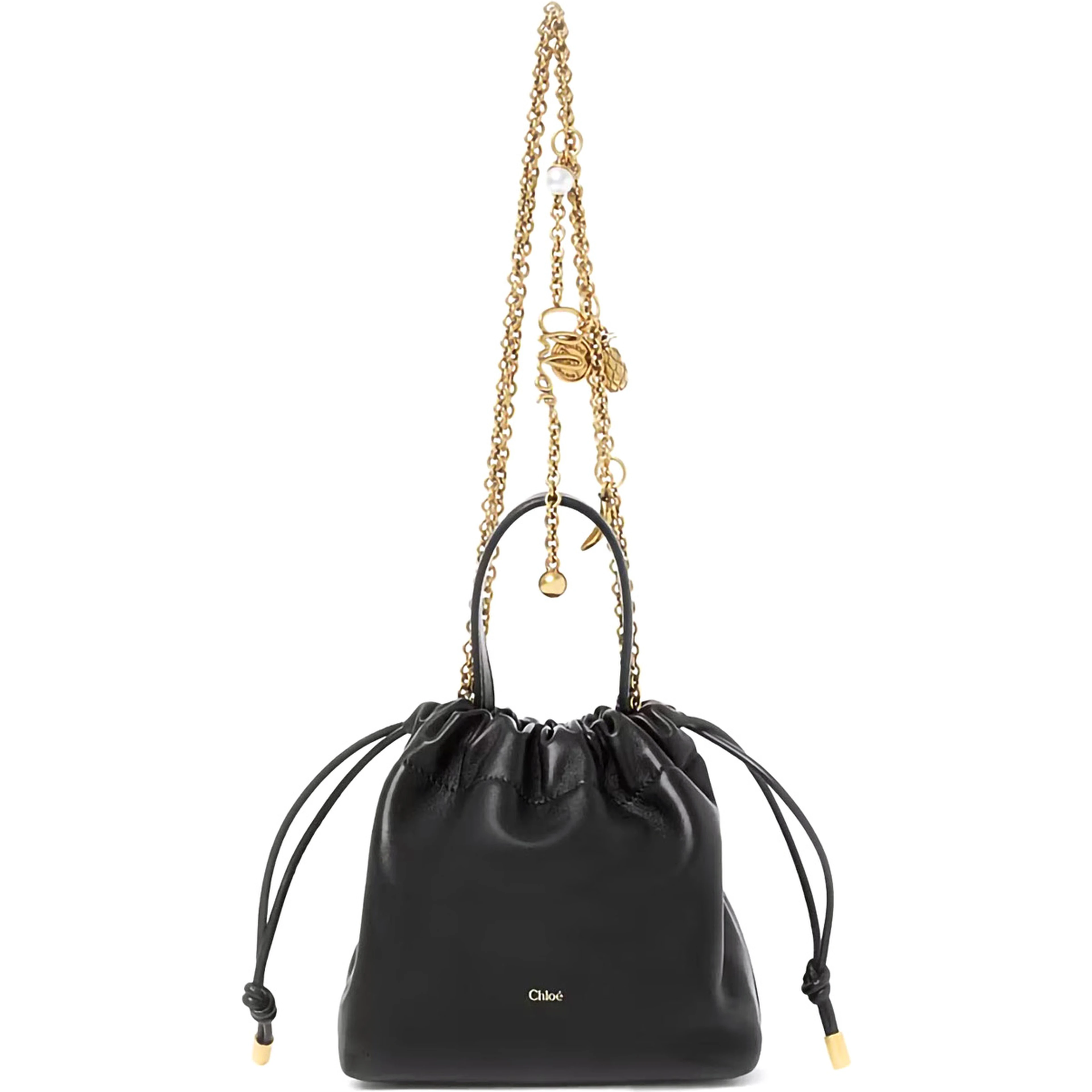 Black handbag with chain shoulder strap and logo charm in leather for women