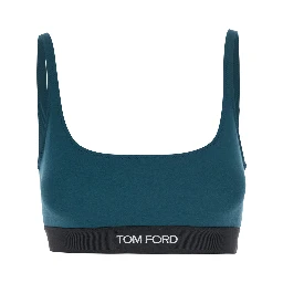 Green Top with square neckline and logo lettering on the front in tech fabric for women