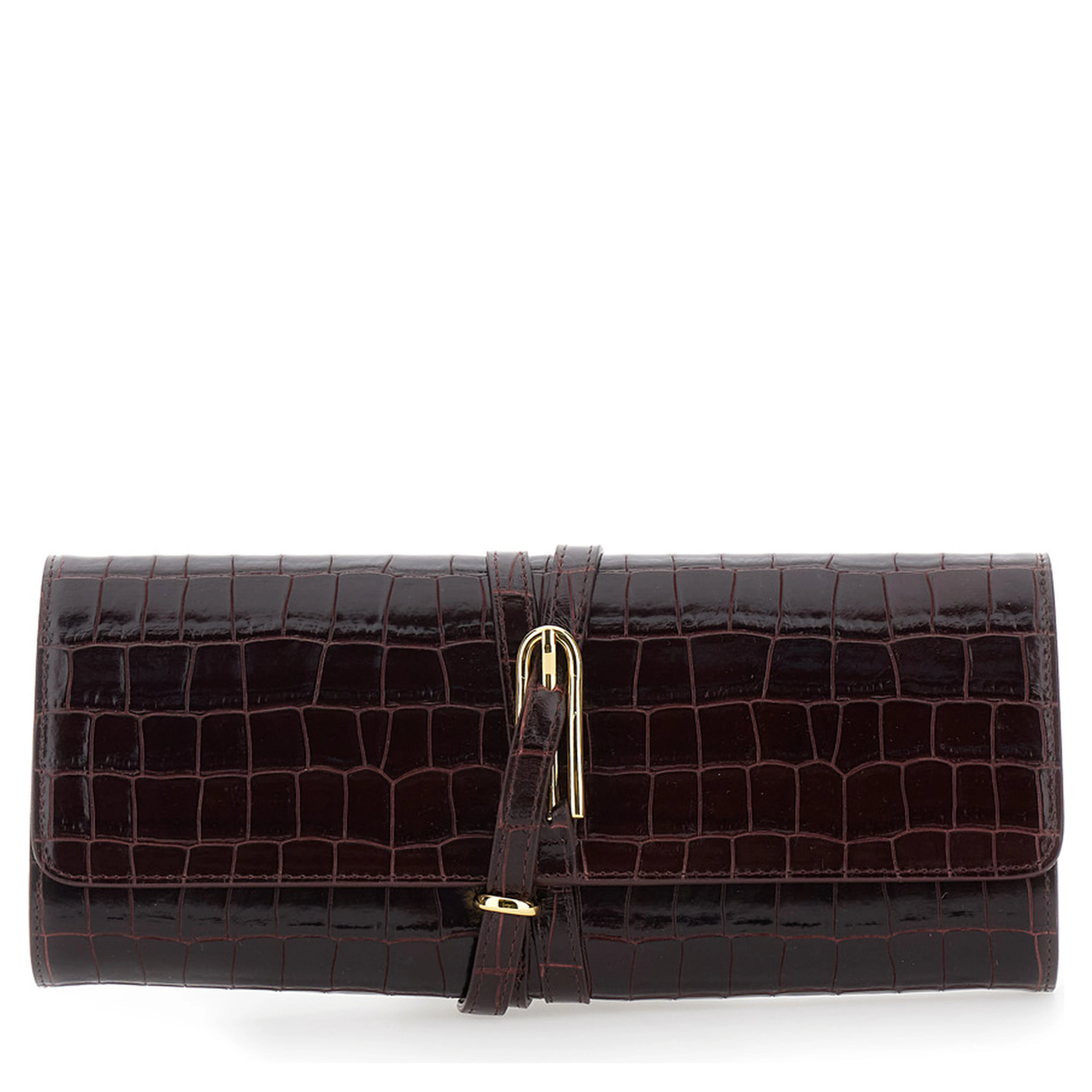 Bordeaux Clutch with strap and crocodile-effect in leather for women