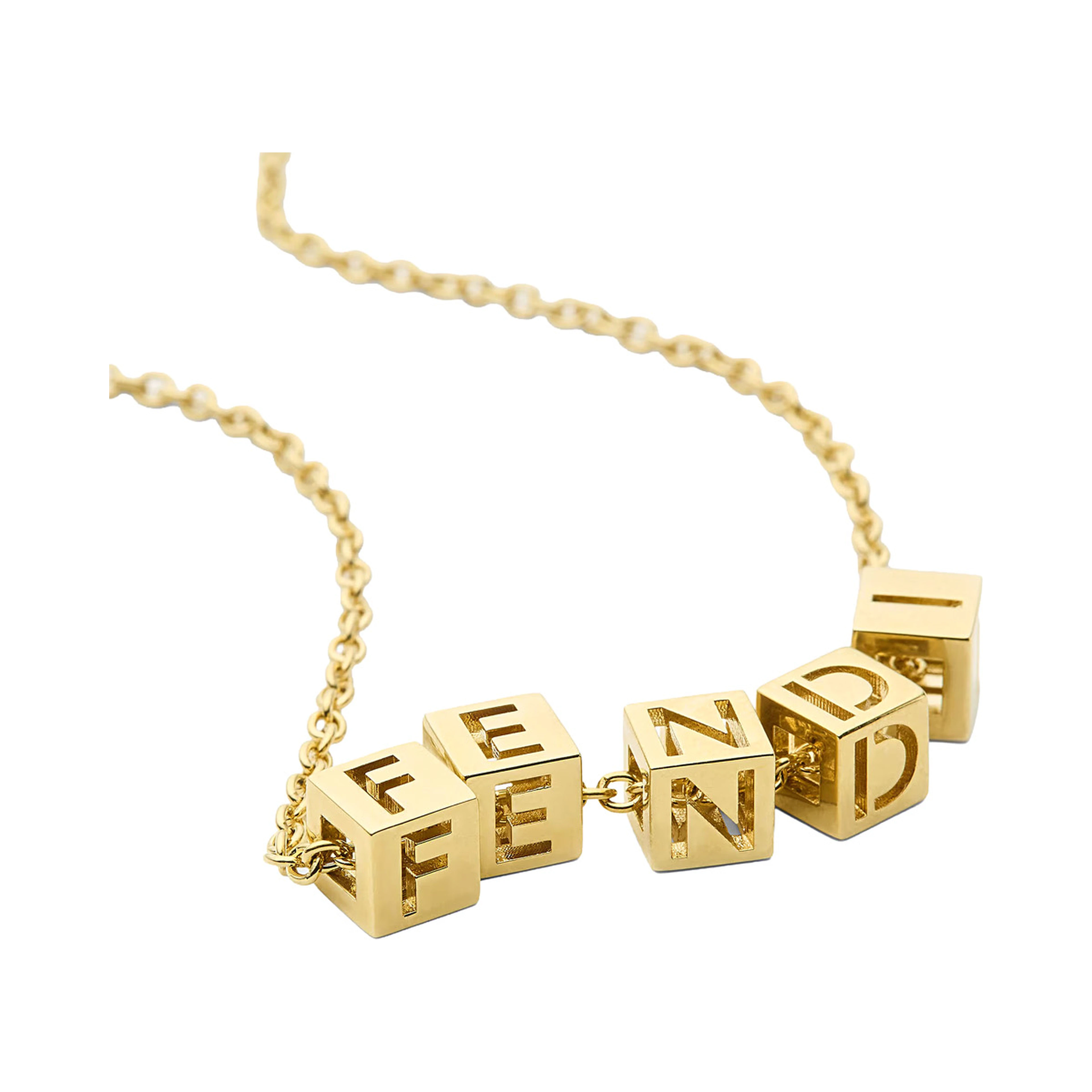 Gold-colored Necklace with lobster clasp at the back and cubes with Logo lettering in  metal for women