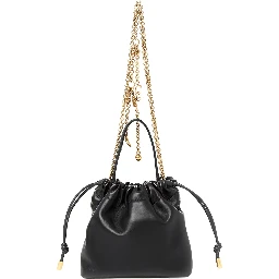 Black handbag with chain shoulder strap and logo charm in leather for women