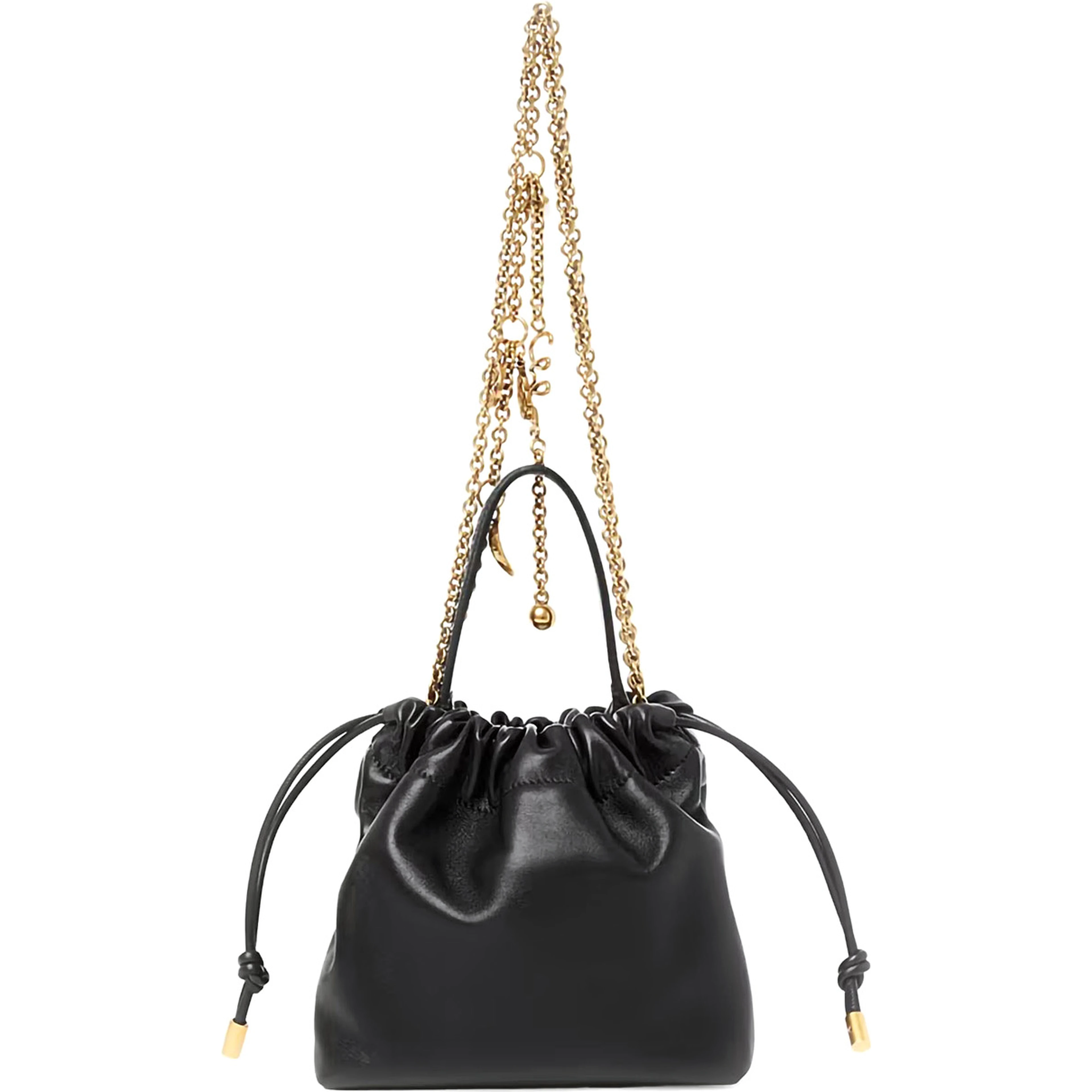 Black handbag with chain shoulder strap and logo charm in leather for women