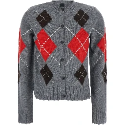 Multicolor Crewneck cardigan with all-over argyle motif in wool and cashmere for women