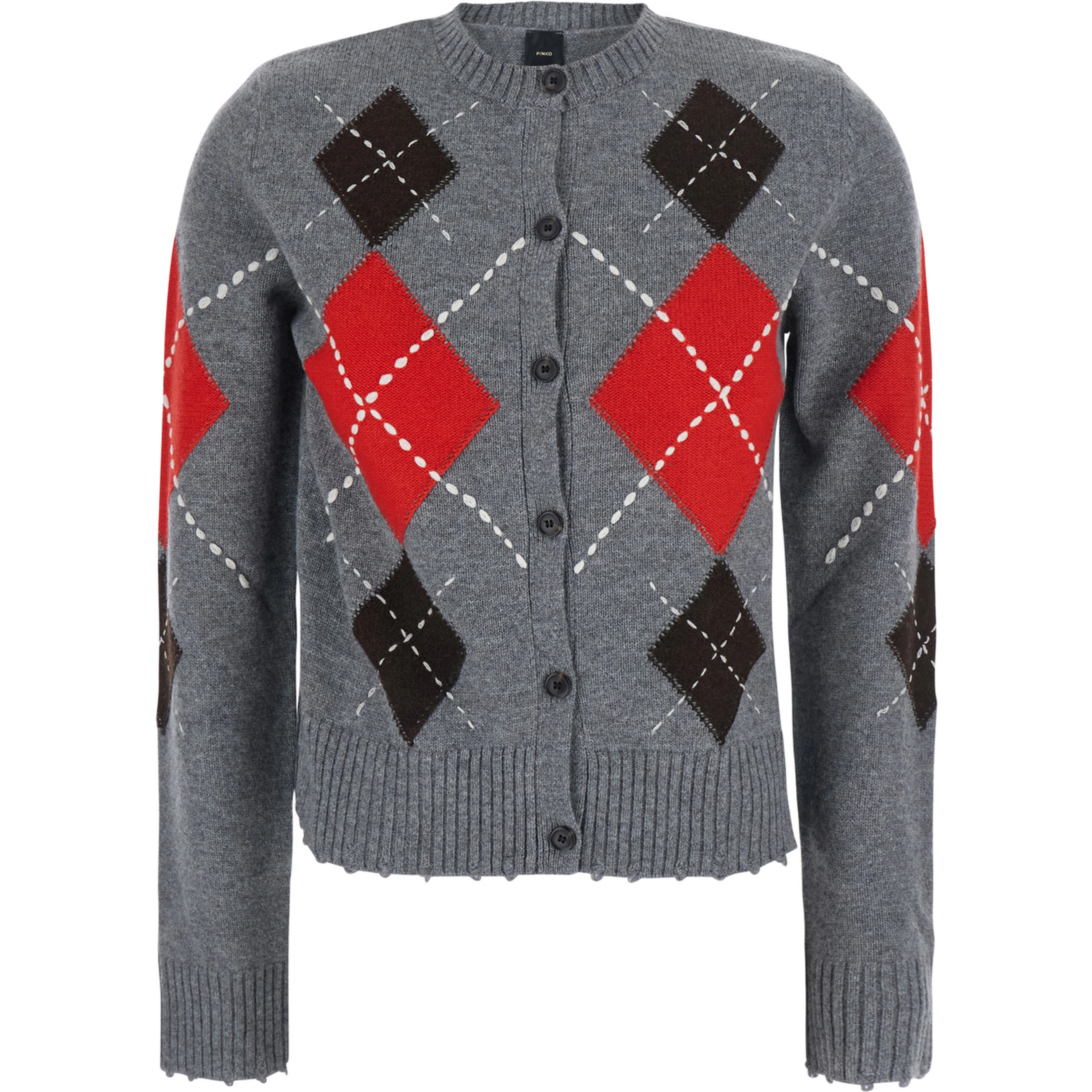 Multicolor Crewneck cardigan with all-over argyle motif in wool and cashmere for women