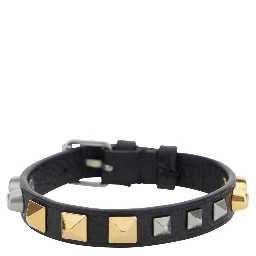 Black Bracelet with Rockstud decoration and adjustable buckle closure in leather for men
