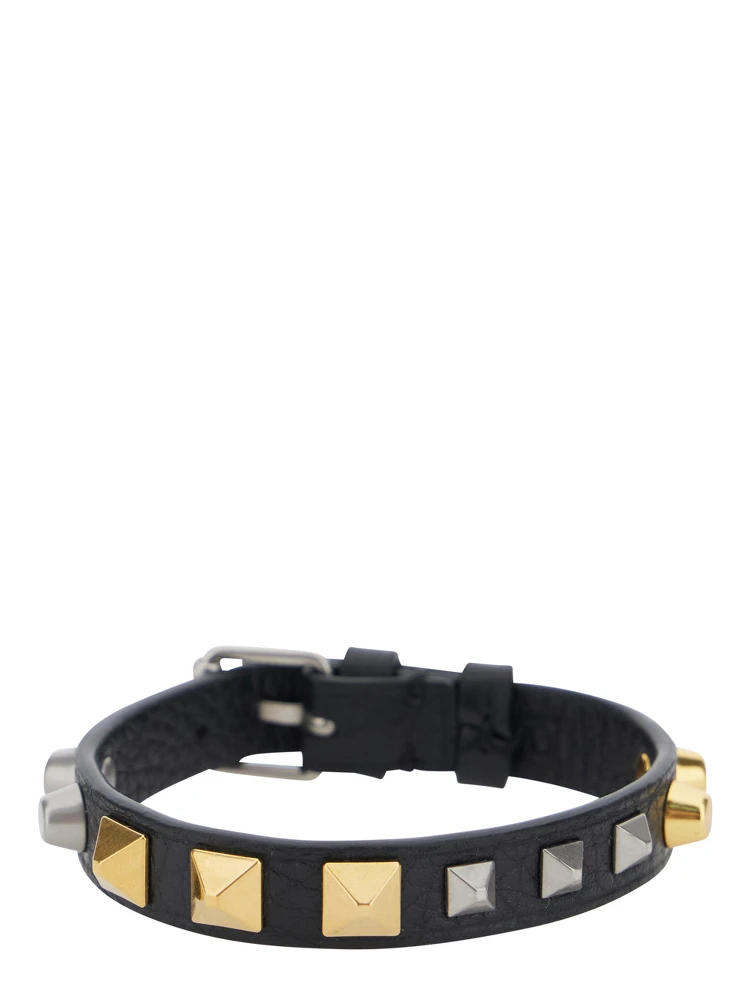 Black Bracelet with Rockstud decoration and adjustable buckle closure in leather for men