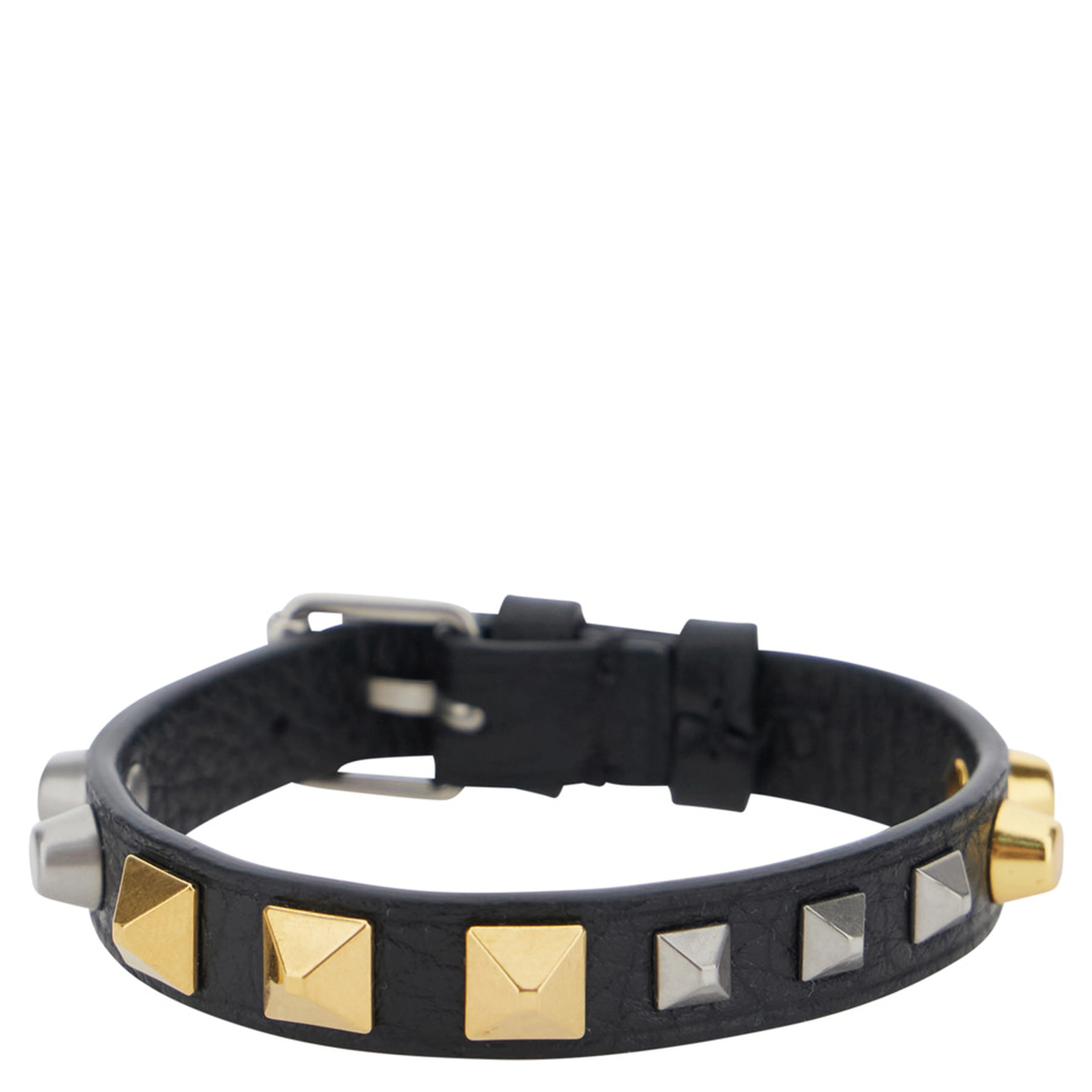 Black Bracelet with Rockstud decoration and adjustable buckle closure in leather for men