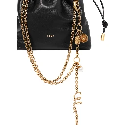 Black handbag with chain shoulder strap and logo charm in leather for women